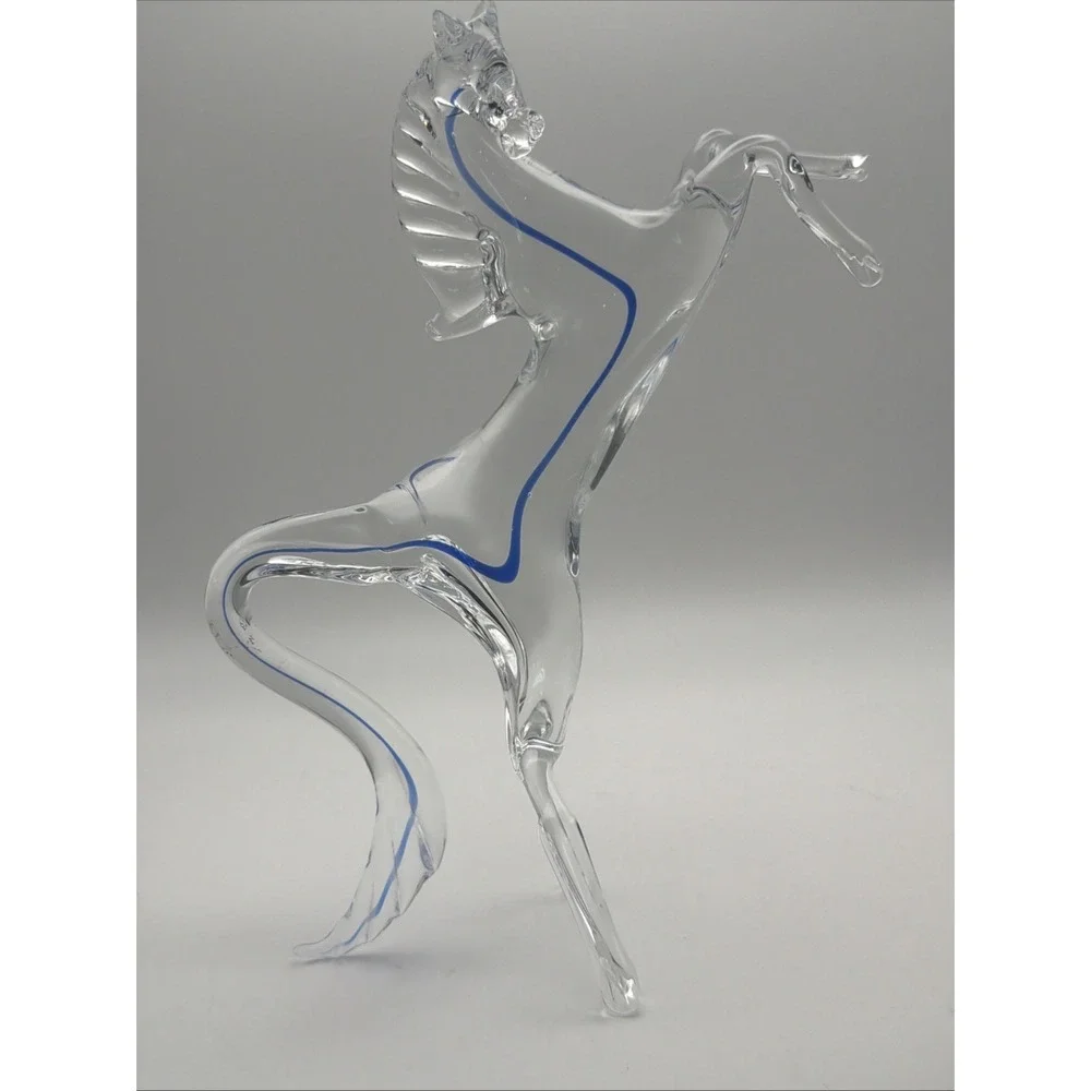 Vintage Murano Style Art Glass Horse Figurine Clear Cobalt Blue 8.25